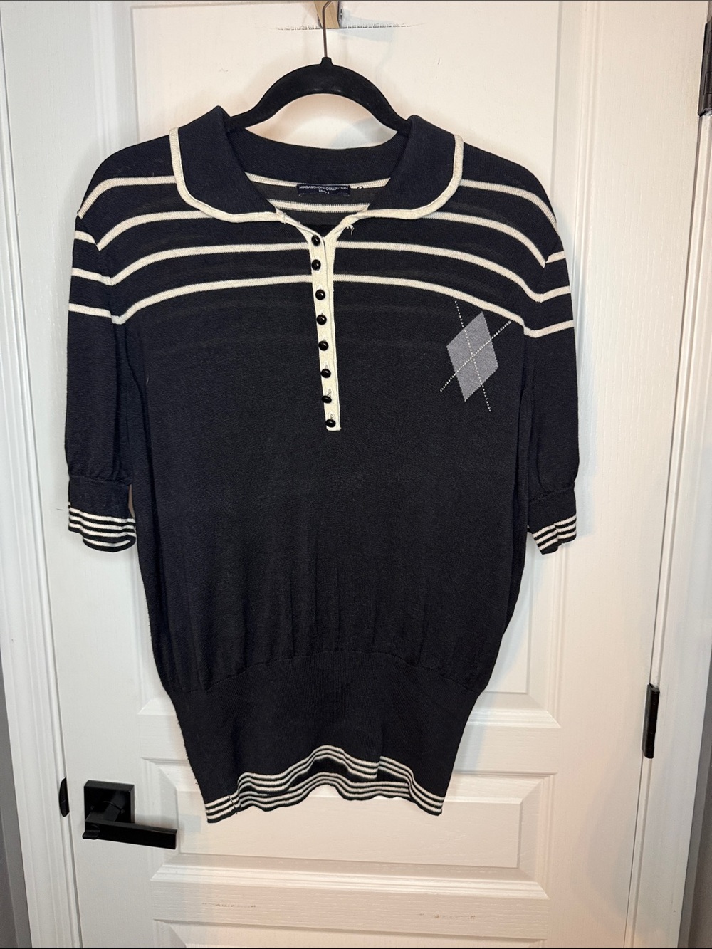 Magaschoni Black and Cream Striped Polo Sweater with Argyle Detail